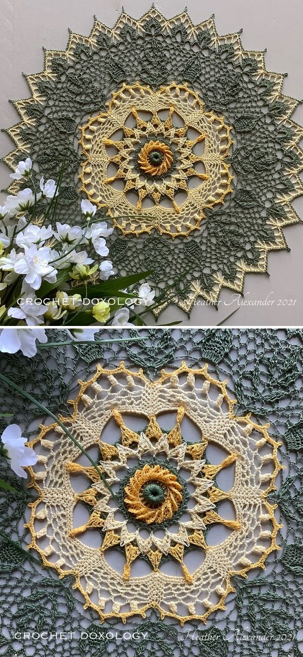 lacy crocheted mandala doily in grey and pale yellow colors