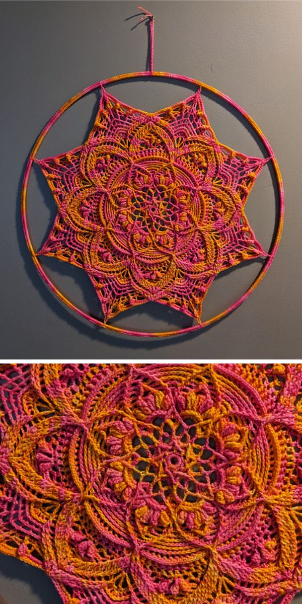 marvelous advanced crochet hoop mandala in pink and orange colors