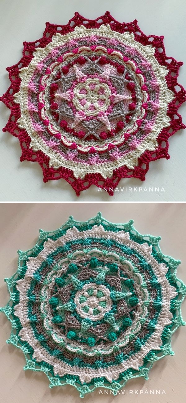 two pictures with advanced-level crochet mandala in red white and pink colors and in green-white-grey shades