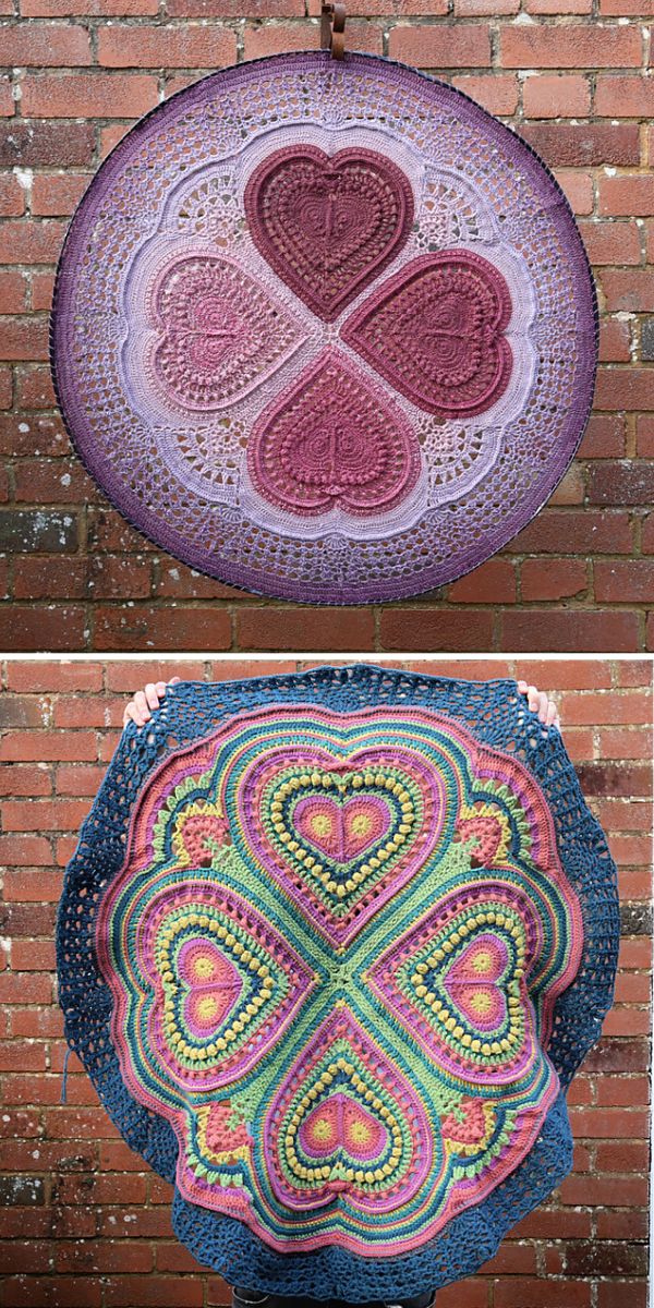 big crochet mandala with four hearts pattern inside