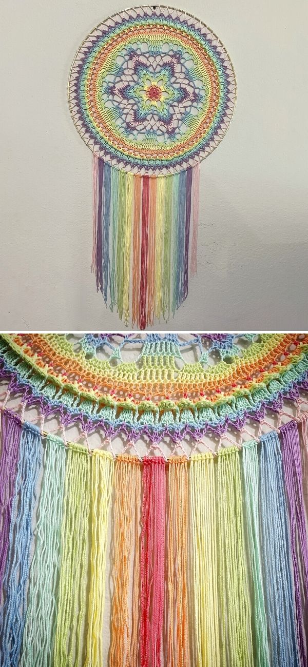 colorful lacy crocheted mandala with rainbow colored long tassels