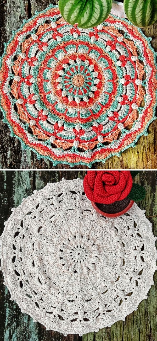 two pictures with a bright round crocheted mandala and a white one with the same design