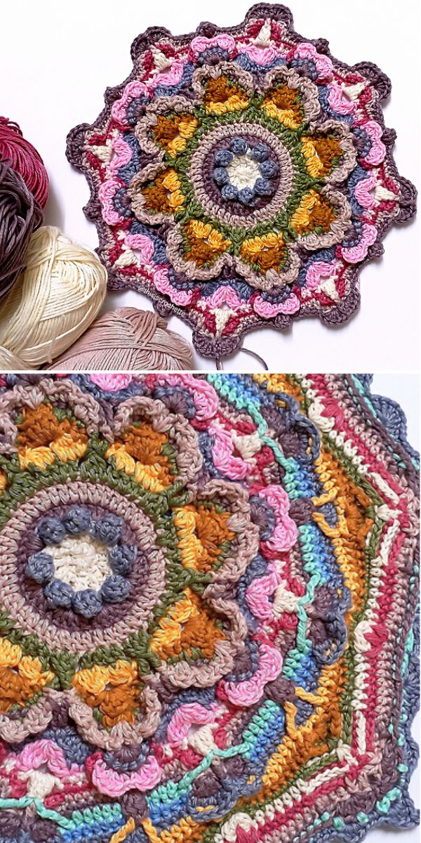 marvelous colorful crochet mandala next to the skeins of yarn