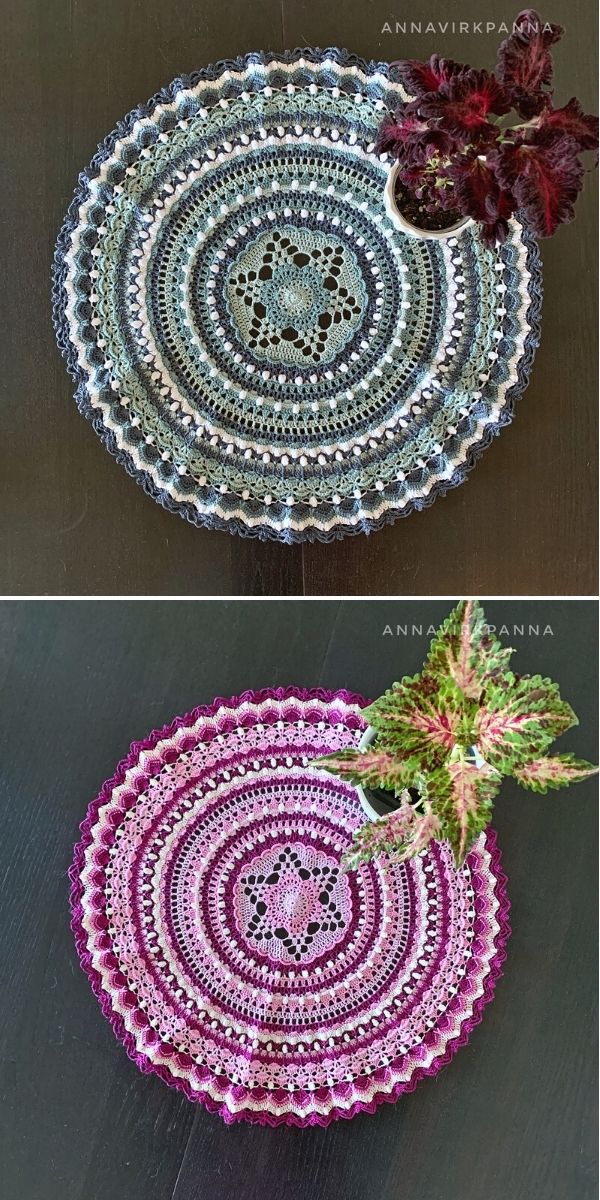 round crochet mandala with a star in the center and a burgundy plant in a pot on it