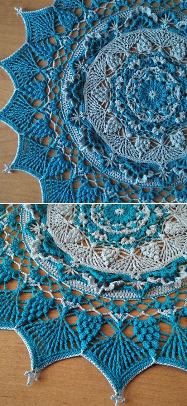 big lacy crochet mandala in blue shades
