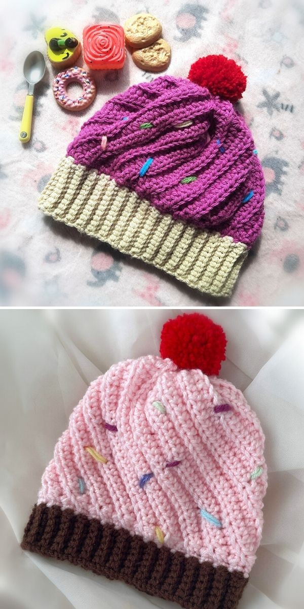 Sweet treats cupcake beanie for child (top photo) and baby (bottom photo)
