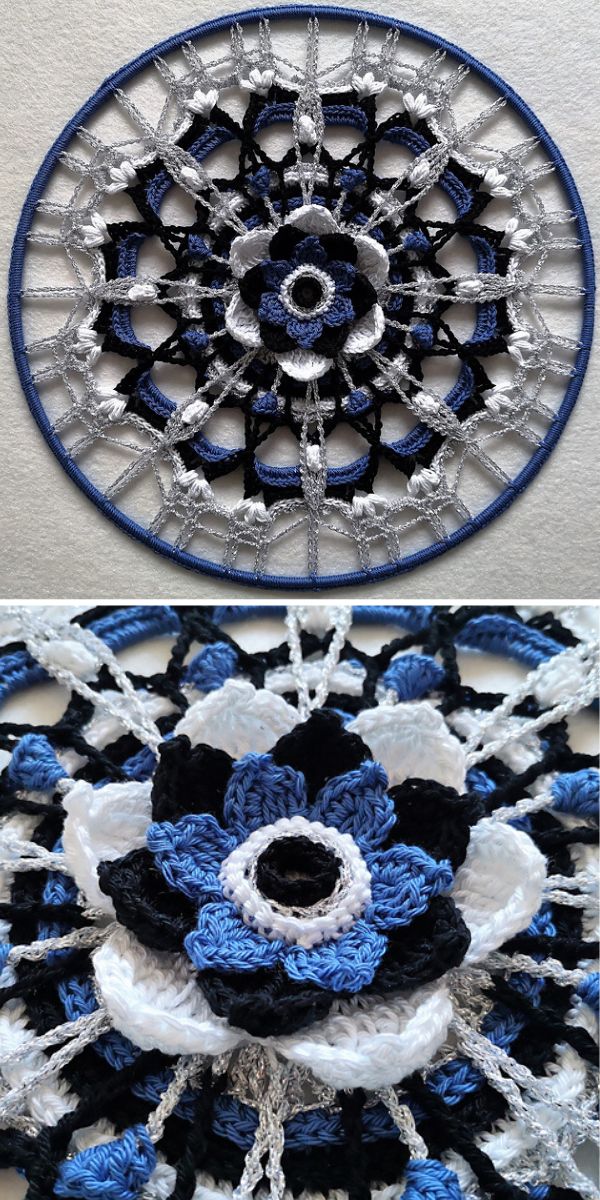 lacy crochet mandala hoop in white blue and black colors