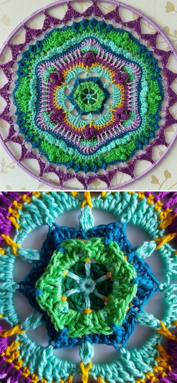 delicate crochet mandala in mostly purple green and light blue colors