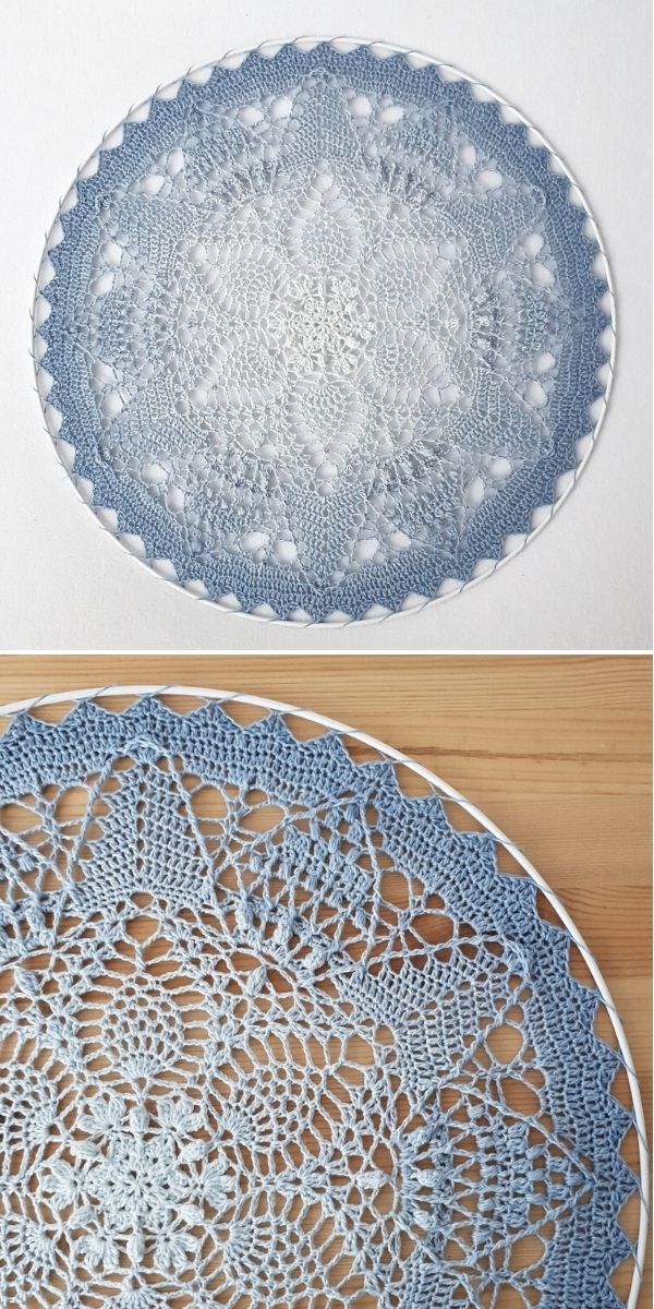 beautiful lace mandala hoop in ombre from blue to white in the center
