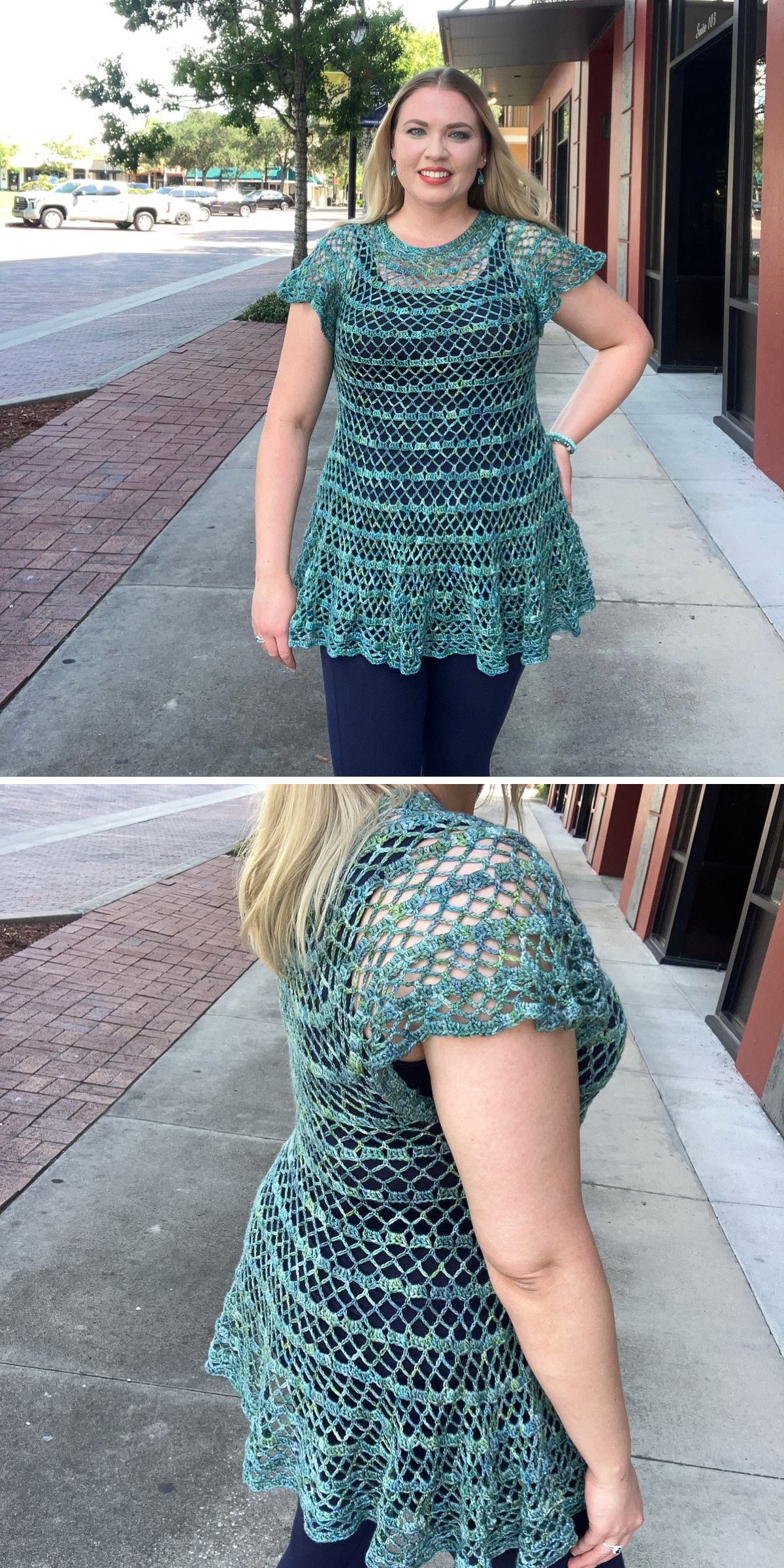 A woman stands outdoors wearing one of the latest crochet tunics—a green crocheted short-sleeve tunic over navy pants—shown from the front and back.