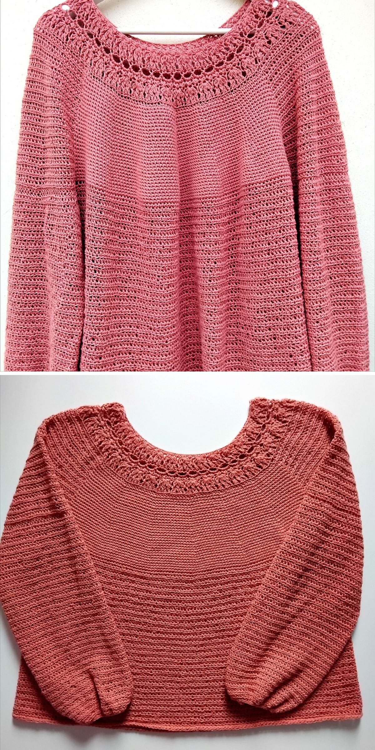 Two images of handmade, long-sleeve, pink crochet tunics with round, textured yokes displayed flat against light backgrounds—perfect as cozy crochet tunics for any wardrobe.