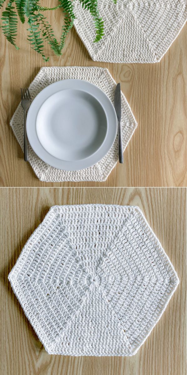 a white plate with a fork and a knife by its sides on a white hexagon placemat