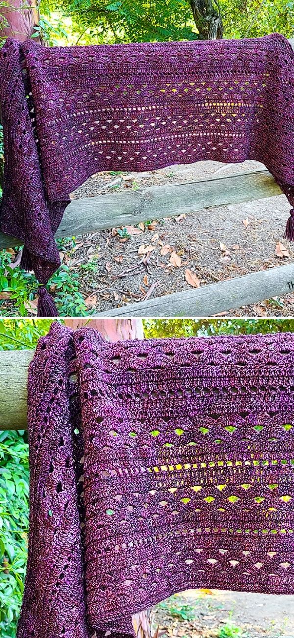 Two pictures of a crochet shawl on a wooden bench.