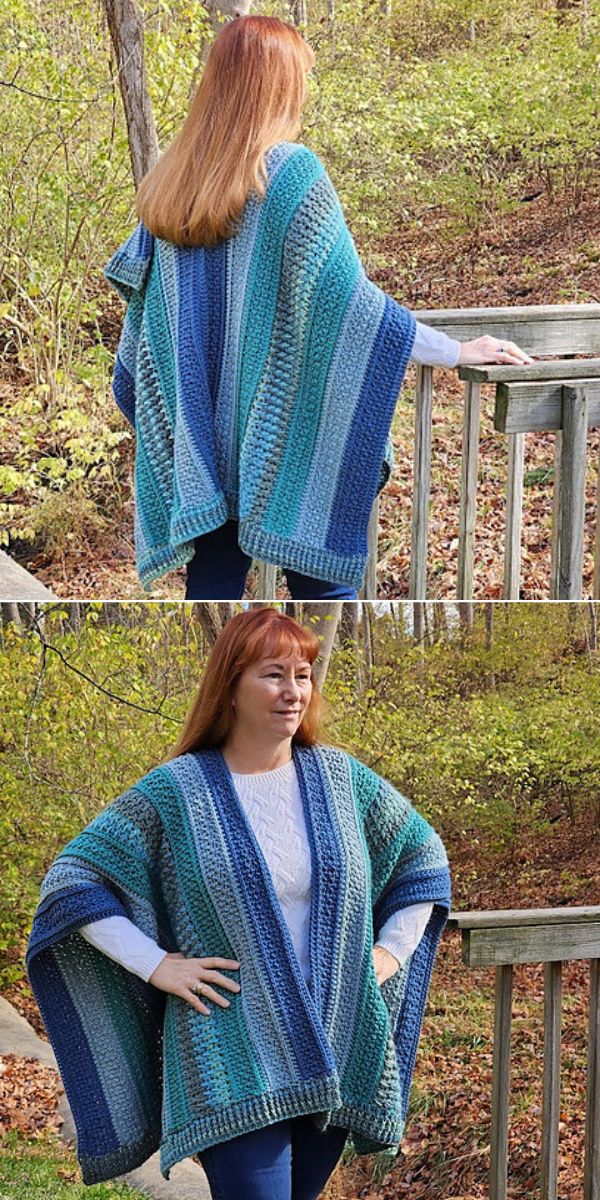 a beautiful textured crochet ruana in shades of blue worn by a woman walking in park