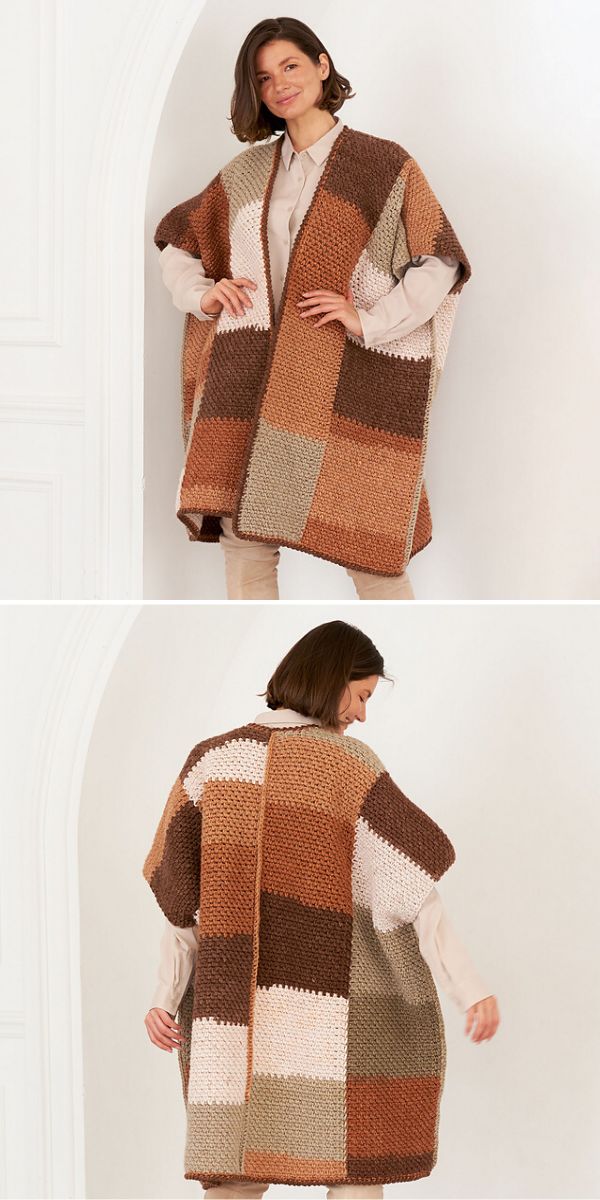 a woman in a crocheted ruana in brown hues made with chaotical squares and rectangulars