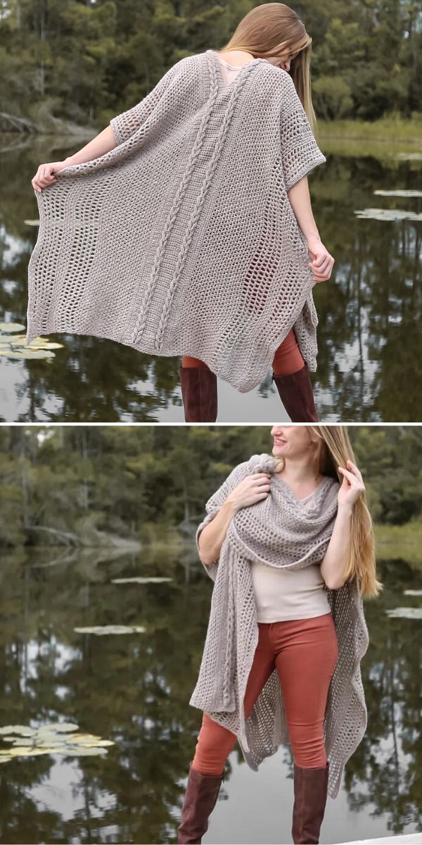 grey long meshed crochet ruana wrap with braids on the back presenting by a woman standing in front of the lake