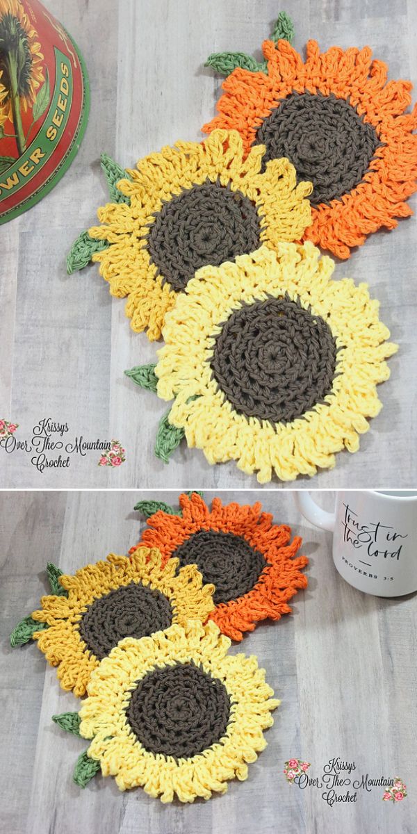 free crochet sunflower coaster pattern