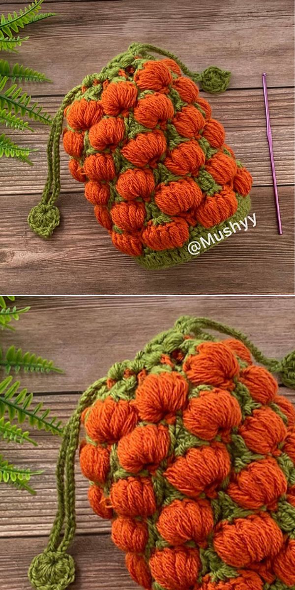 a crocheted small bag with voluminous pumpkins