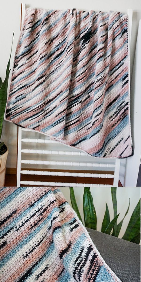 multicolored crochet striped throw hanged on the white decorative ladder