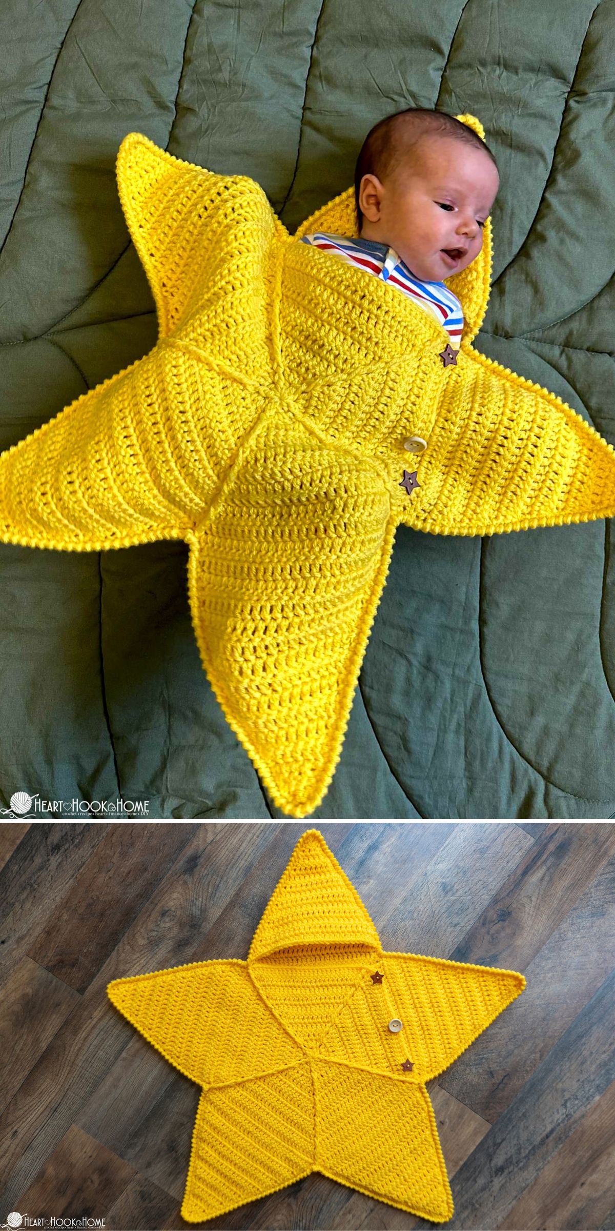 A baby wrapped in a yellow, star-shaped crochet sleep sack lies on a green surface; the cozy sleep sack is also displayed laid flat in a separate image below.