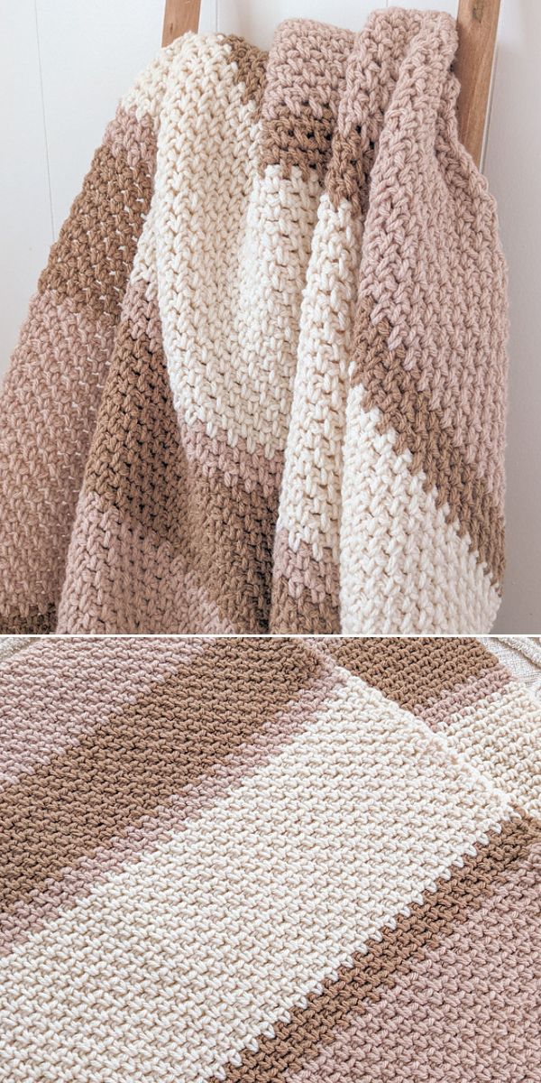 beige brown and dust pink crocheted striped blanket 