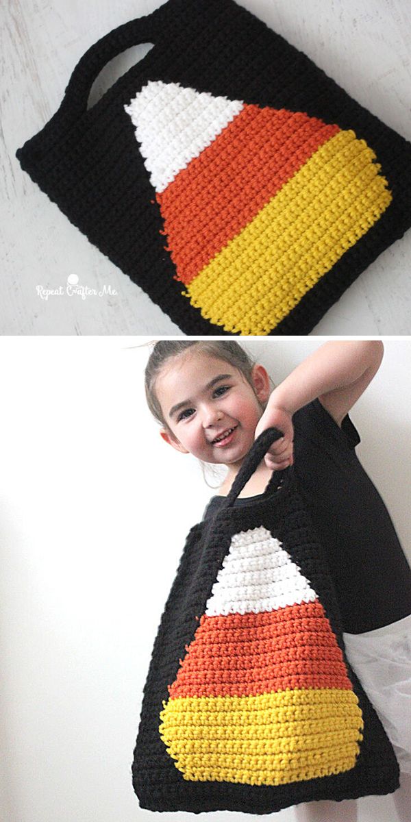 black crocheted treat bag with a candy corn in the center 