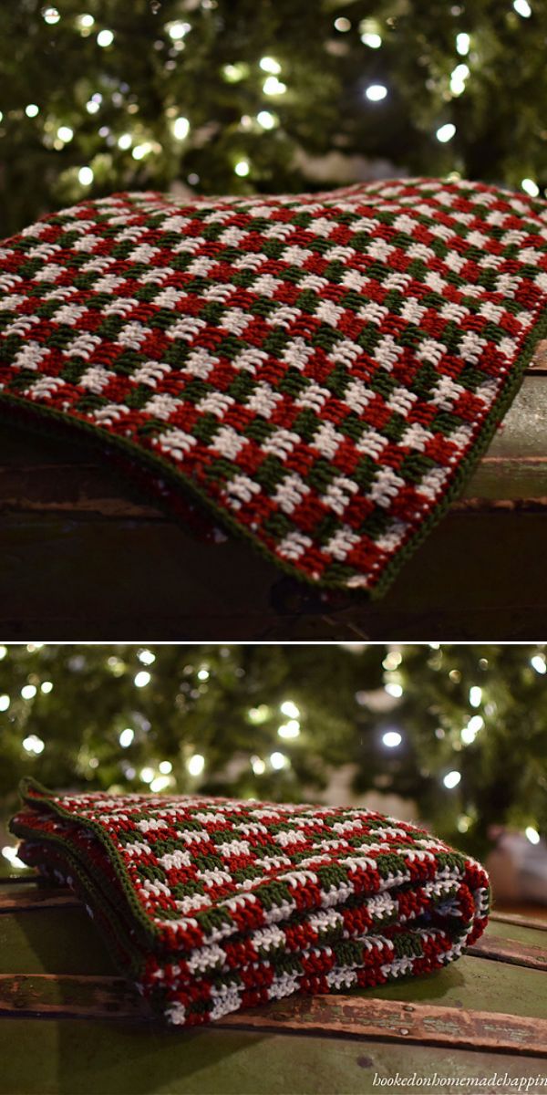 free crochet Christmas plaid blanket