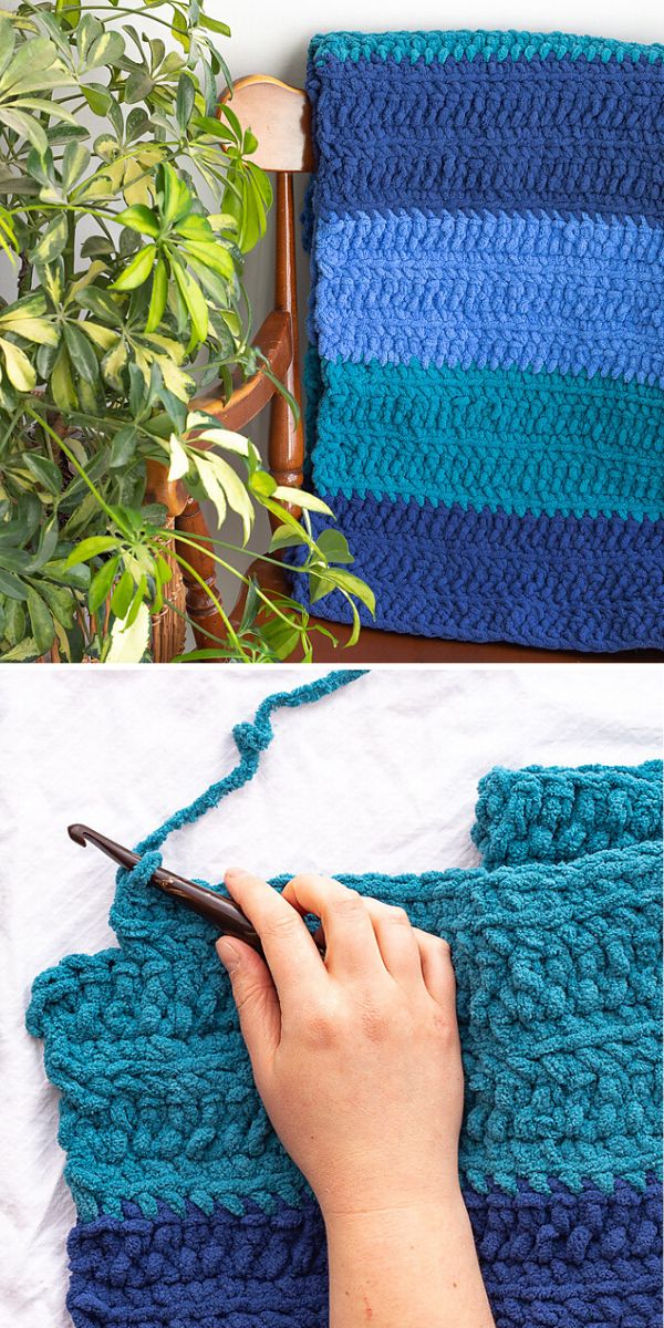 soft striped crochet blanket in blue shades on a wooden armchair next to the green plant