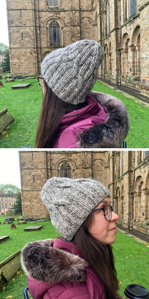 grey knitted cabled beanie on a woman