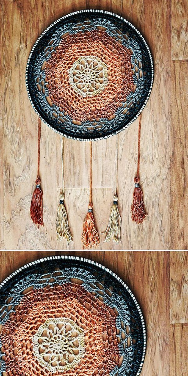 crocheted dream catcher in autumn palette hanged on the wall