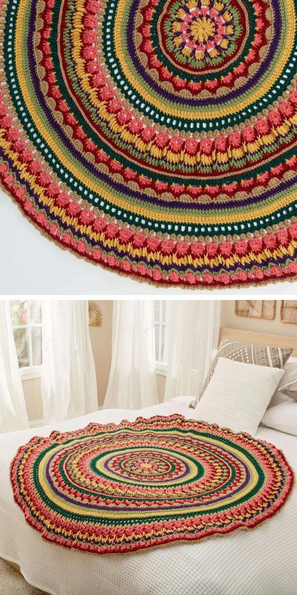 a round crochet blanket in mandala style laying on the bed