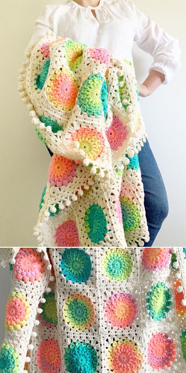 free crochet Sunburst Granny square blanket