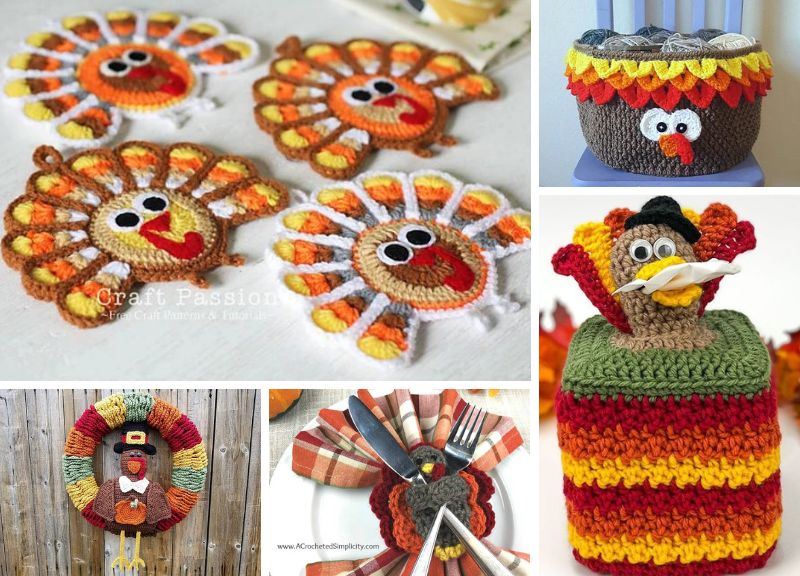 A collection of crocheted thanksgiving decorations.