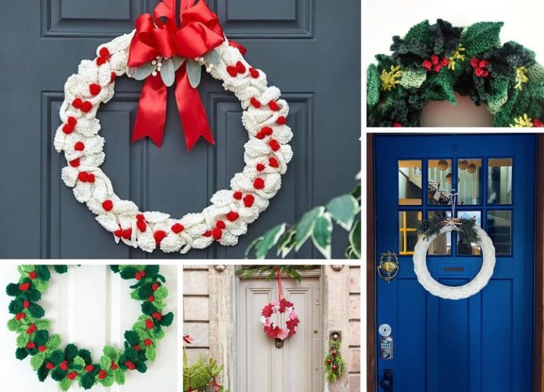 A collage of christmas wreaths on a door.