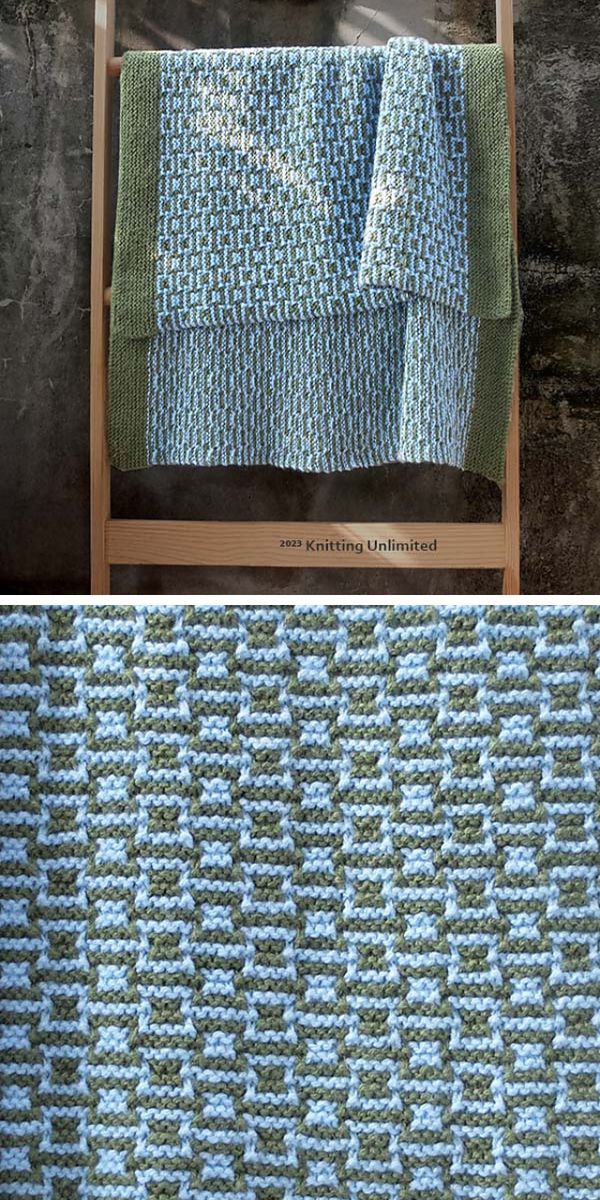 blue mosaic knitted baby blanket