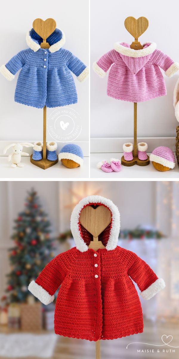 crocheted baby coat with hood in pink blue and red colors