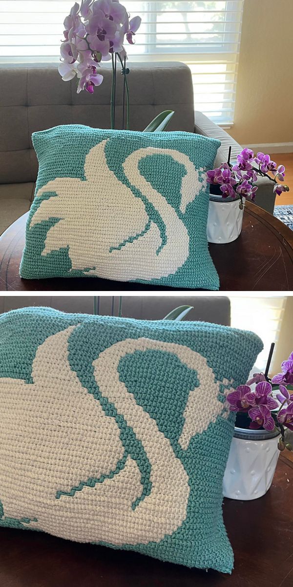 mosaic swan crochet pillow