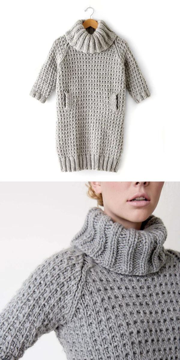 a slouchy crochet sweater dress with turtleneck in grey color