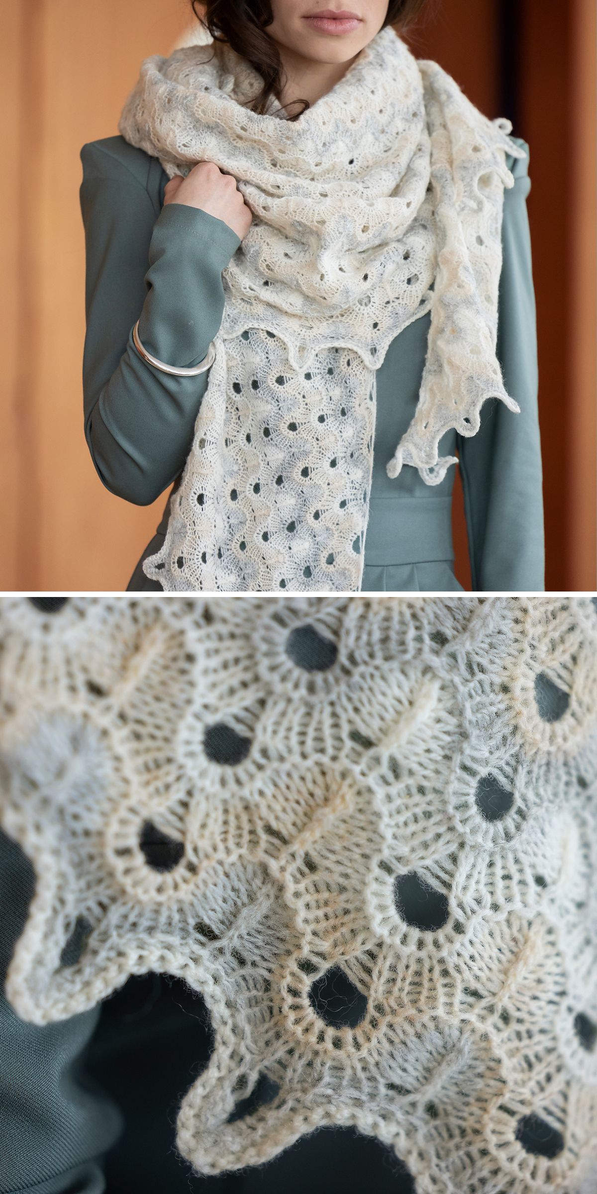 a beautiful lace knit shawl with a unique design and light fabric