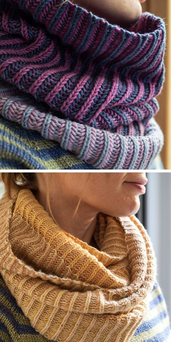 purple and yellow knitted cowls on women