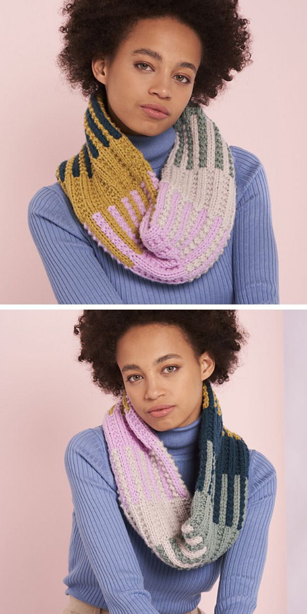 multicolored knit cowl on a woman