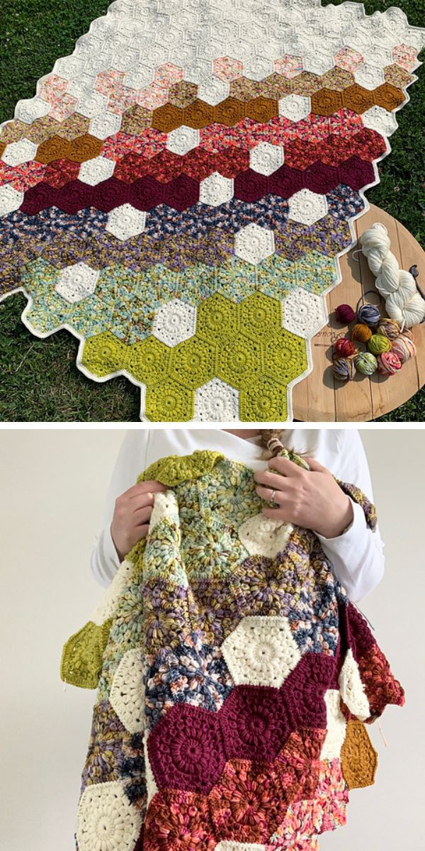 green to brown and while ombre crochet blanket of multiple hexagon blocks