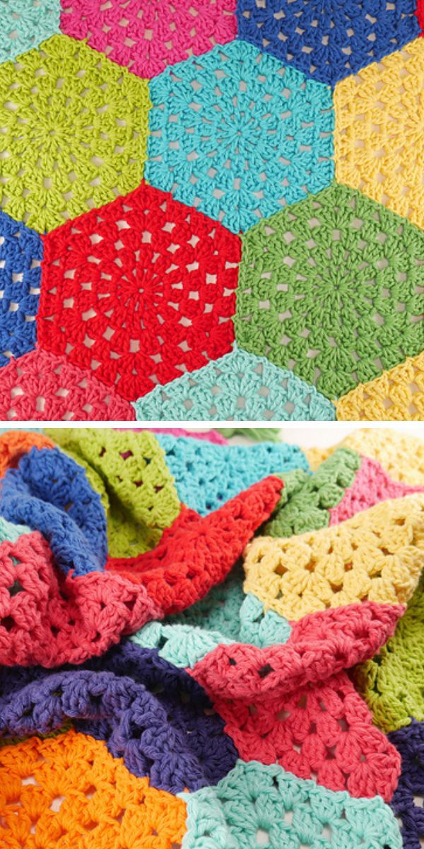 multicolored crochet blanket of hexagon blocks