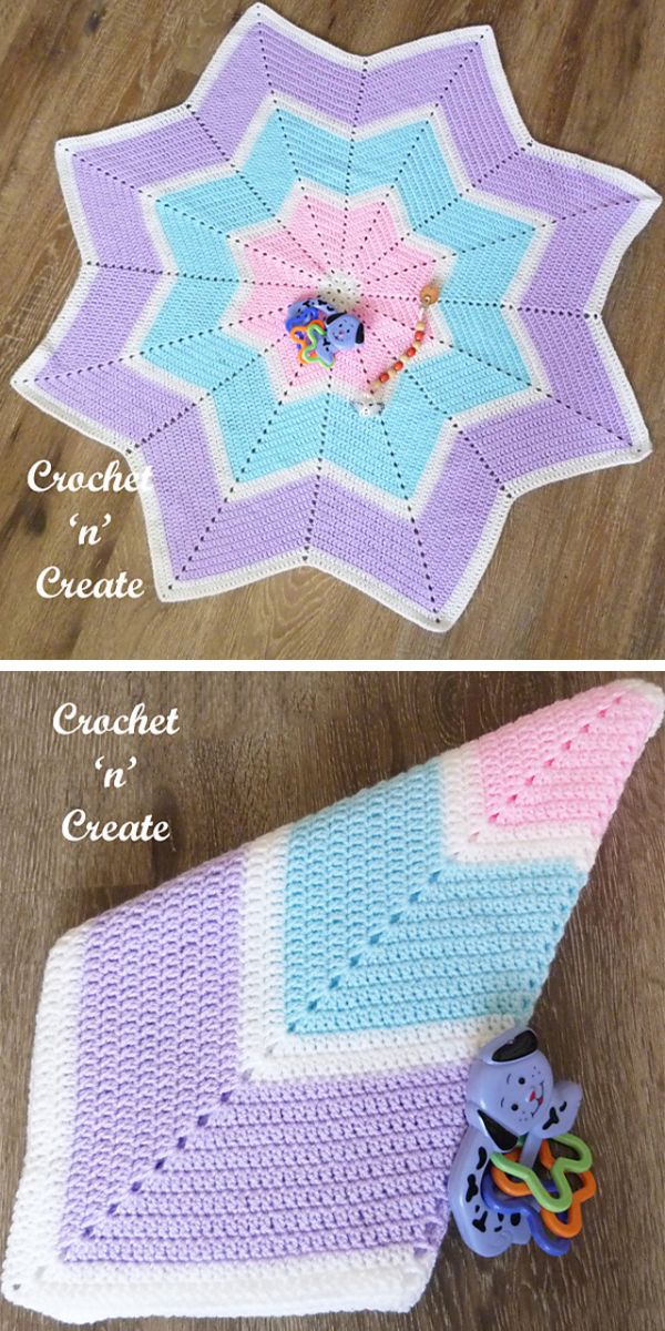purple, light blue and pink star-shaped baby blanket