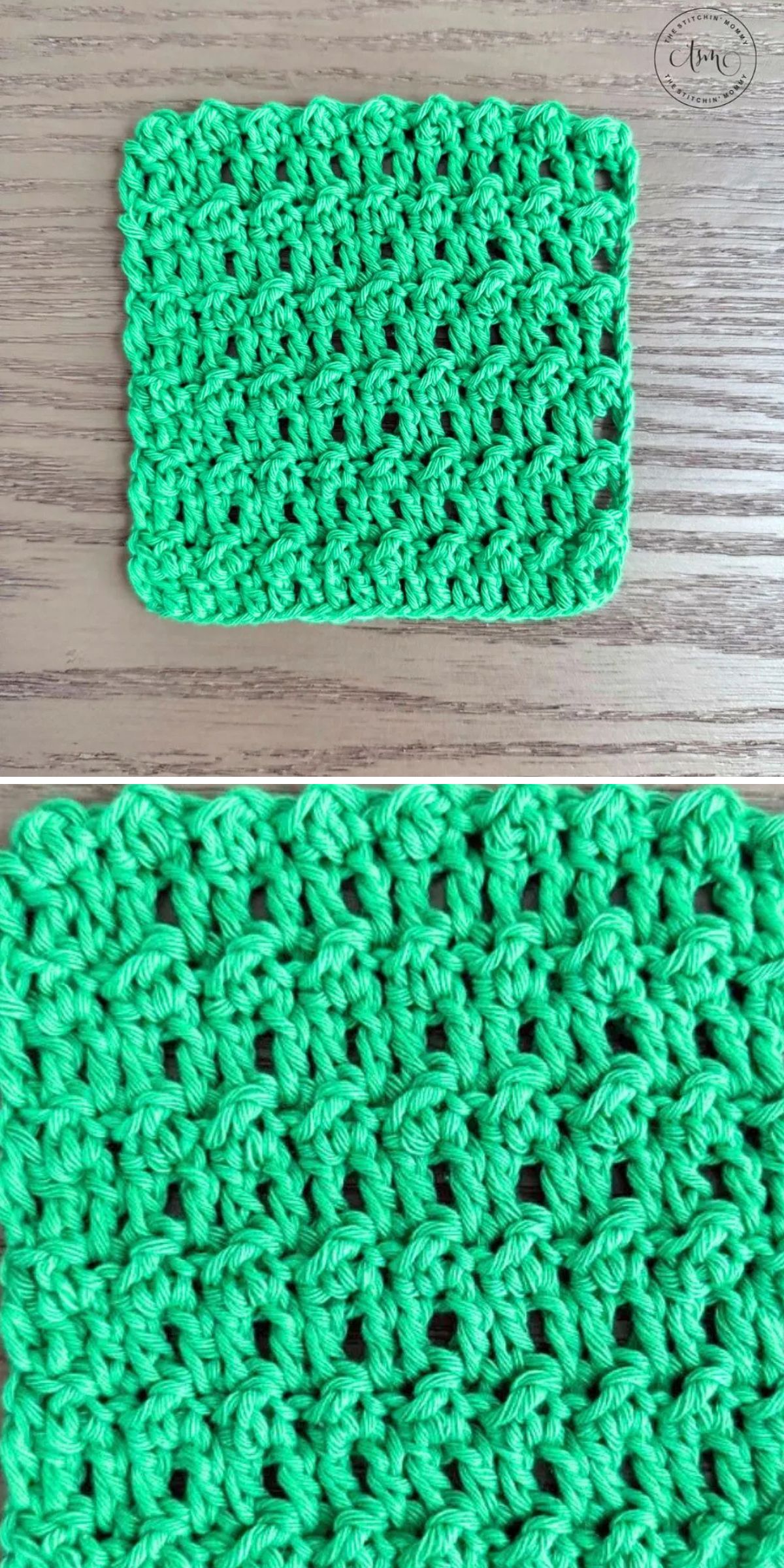 A green crocheted square with a textured pattern is displayed on a wooden surface, perfect for St. Patrick's Day crochet ideas. The lower part shows a close-up of the stitch detail.