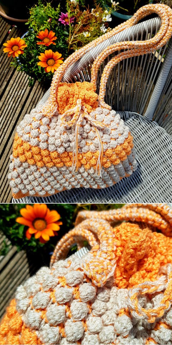 orange and beige crochet Drawstring Bag made with popcorn stitch