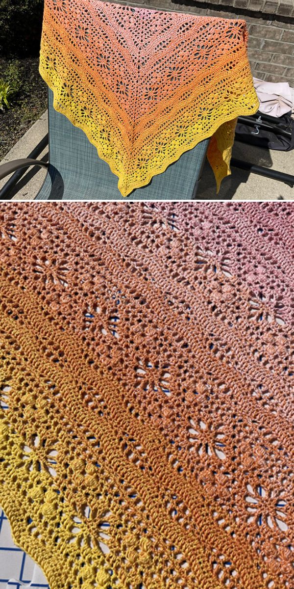 pink orange and yellow lace crochet shawl