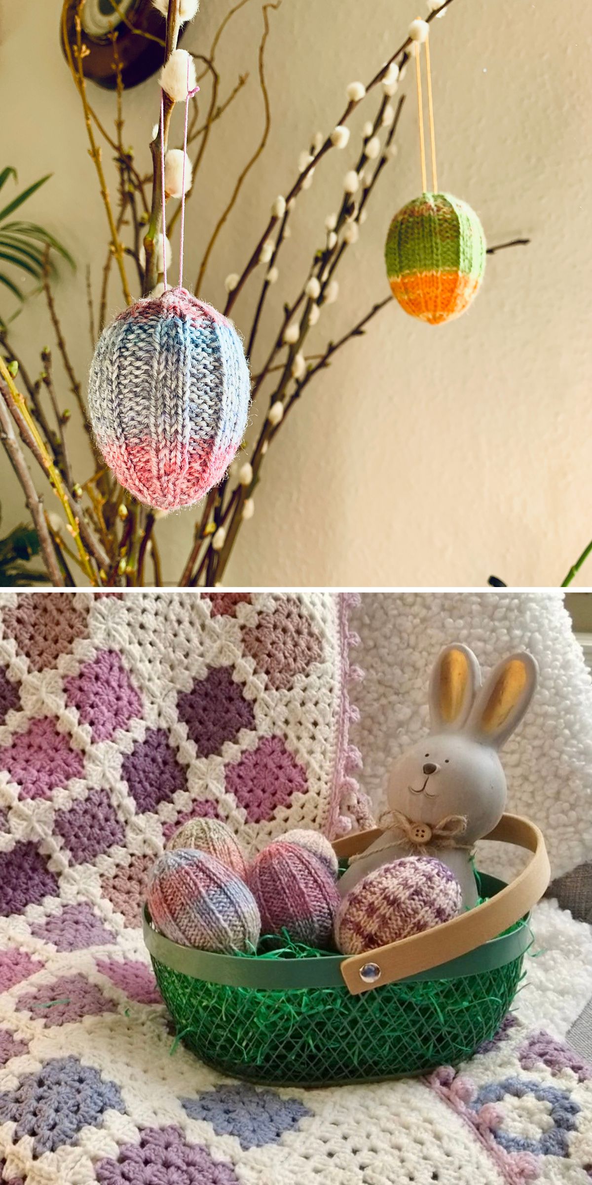 a set of knitted egg ornaments hanged on the Easter tree and put in the Easter basket 