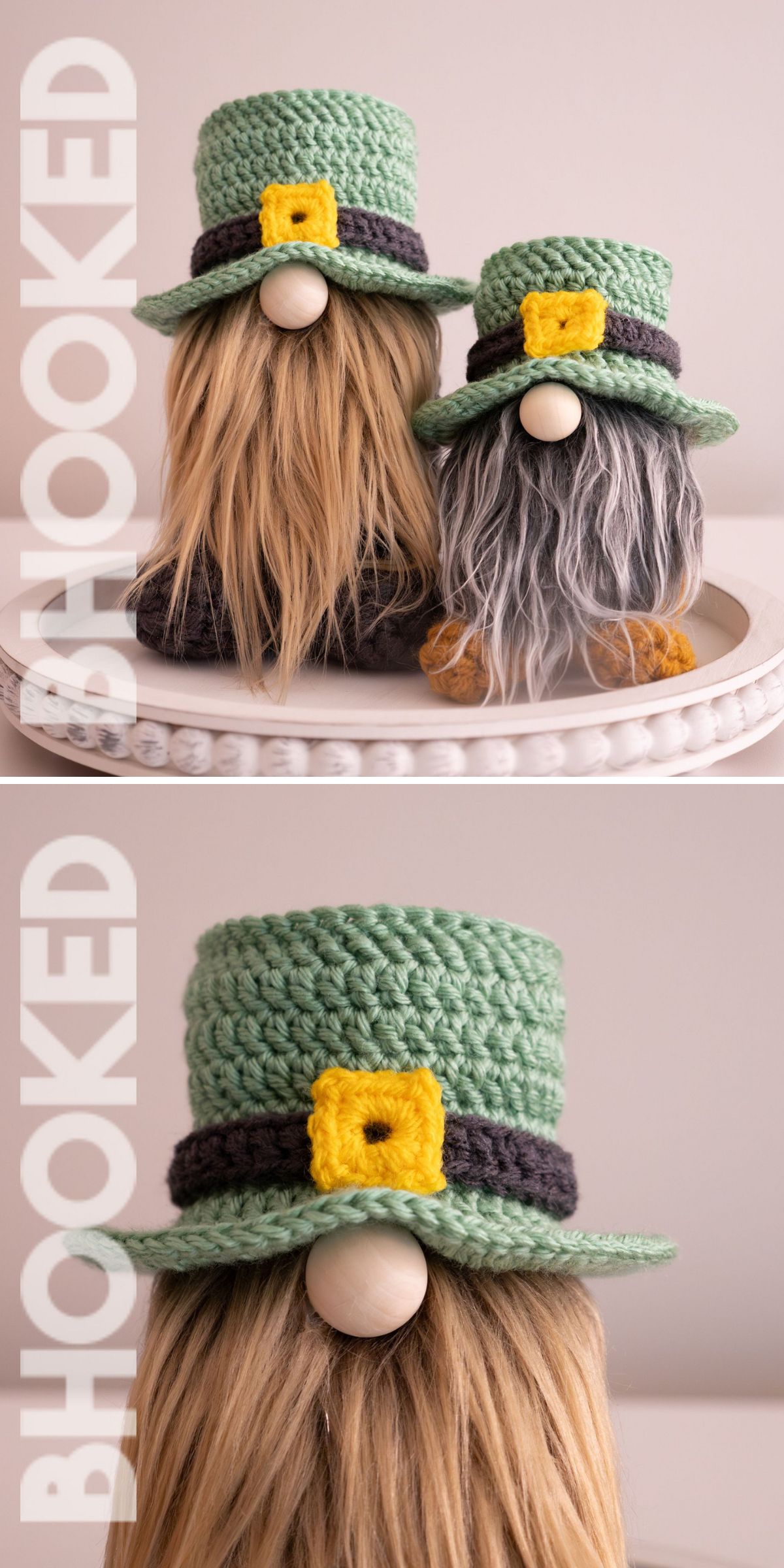 Two handmade gnome figures with long hair and beards, wearing green crocheted hats with yellow buckles, displayed on a white plate—a charming addition to your St. Patrick's Day Crochet Ideas collection.