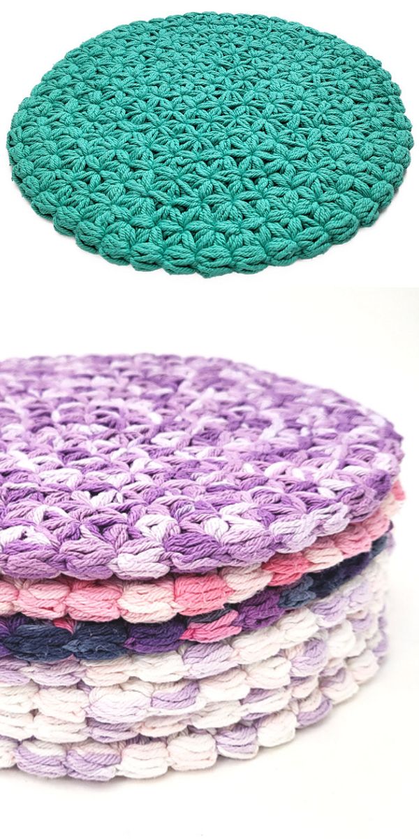 jasmine stitch circle placemats in green and purple mélange colors